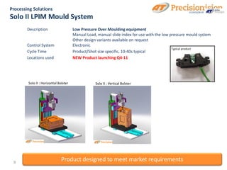 Processing Solutions
                                                                                                     A DIVISION OF

Solo II LPIM Mould System
        Description                    Low Pressure Over Moulding equipment
                                       Manual Load, manual slide index for use with the low pressure mould system
                                       Other design variants available on request
        Control System                 Electronic
                                                                                             Typical product
        Cycle Time                     Product/Shot size specific, 10-40s typical
        Locations used                 NEW Product launching Q4-11




        Solo II : Horizontal Bolster               Solo II : Vertical Bolster




 9
                               Product designed to meet market requirements
 