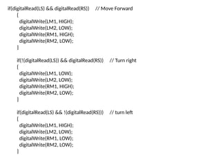 if(digitalRead(LS) && digitalRead(RS)) // Move Forward
{
digitalWrite(LM1, HIGH);
digitalWrite(LM2, LOW);
digitalWrite(RM1, HIGH);
digitalWrite(RM2, LOW);
}
if(!(digitalRead(LS)) && digitalRead(RS)) // Turn right
{
digitalWrite(LM1, LOW);
digitalWrite(LM2, LOW);
digitalWrite(RM1, HIGH);
digitalWrite(RM2, LOW);
}
if(digitalRead(LS) && !(digitalRead(RS))) // turn left
{
digitalWrite(LM1, HIGH);
digitalWrite(LM2, LOW);
digitalWrite(RM1, LOW);
digitalWrite(RM2, LOW);
}
 