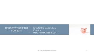 REBOOT YOUR FIRM
FOR 2018
KPIs for the Modern Law
Practice
Mary Juetten, Dec 2, 2017
Dec 2 KPIs for the Modern Law Practice 1
 