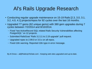 Al's Rails Upgrade Research
● Conducting regular upgrade maintenance on 15-19 Rails [2.3, 3.0, 3.1,
3.2, 4.0, 4.1] projects/repos for 92 cycles over the last 16 months.
● Upgraded 77 gems (62 unique gems) with 380 gem upgrades during 7
cycles between 7/2/2014 and 8/10/2014.
– Fixed “two ActiveRecord SQL related Rails Security Vulnerabilities affecting
PostgreSQL” on 12 projects.
– Submitted RailsGoat “Rails 3.2.11 to 2.19 upgrade” pull request.
– Upgraded rspec to 2.99.0 or 3.0.x on all repos.
– Fixed i18n warning. Reported i18n typo in error message.
By Al Snow – al@RailsUpToDate.com - Keeping web sites upgraded and up-to-date.
 