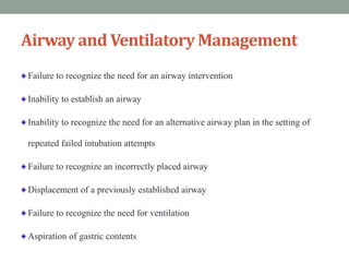 Airway and Ventilatory Management
Failure to recognize the need for an airway intervention
Inability to establish an airway
Inability to recognize the need for an alternative airway plan in the setting of
repeated failed intubation attempts
Failure to recognize an incorrectly placed airway
Displacement of a previously established airway
Failure to recognize the need for ventilation
Aspiration of gastric contents
 
