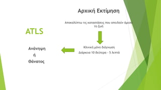 ATLS
Αρχική Εκτίμηση
Αποκαλύπτω τις καταστάσεις που απειλούν άμεσα
τη ζωή
Κλινική μόνο διάγνωση
Διάρκεια 10 δεύτερα - 5 λεπτά
Ανάνηψη
ή
Θάνατος
 