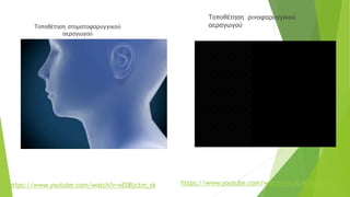 Τοποθέτηση στοματοφαρυγγικού
αεραγωγού
Τοποθέτηση ρινοφαρυγγικού
αεραγωγού
https://www.youtube.com/watch?v=uALM3HqtTnI
https://www.youtube.com/watch?v=oE0Bjctm_sk
 