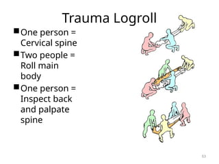 Trauma Logroll
One person =
Cervical spine
Two people =
Roll main
body
One person =
Inspect back
and palpate
spine
53
 