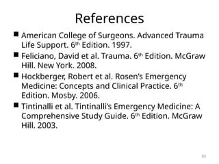 References
 American College of Surgeons. Advanced Trauma
Life Support. 6th
Edition. 1997.
 Feliciano, David et al. Trauma. 6th
Edition. McGraw
Hill. New York. 2008.
 Hockberger, Robert et al. Rosen’s Emergency
Medicine: Concepts and Clinical Practice. 6th
Edition. Mosby. 2006.
 Tintinalli et al. Tintinalli’s Emergency Medicine: A
Comprehensive Study Guide. 6th
Edition. McGraw
Hill. 2003.
93
 
