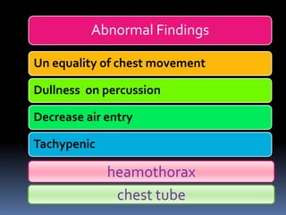 Abnormal Findings
Un equality of chest movement
Dullness on percussion
Decrease air entry
Tachypenic
heamothorax
chest tube
 