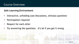 4 of 21
Course Overview
4 of 21
Safe Learning Environment
• Interactive, unfolding case discussions, stimulus questions
• Participation required
• Respect for each other
• Try answering the questions – it’s ok if you get it wrong
 