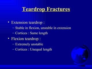 Teardrop Fractures Extension teardrop : Stable in flexion, unstable in extension Cortices : Same length Flexion teardrop : Extremely unstable Cortices : Unequal length 
