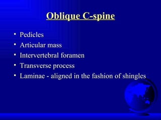 Oblique C-spine Pedicles Articular mass Intervertebral foramen  Transverse process  Laminae - aligned in the fashion of shingles 