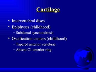 Cartilage Intervertebral discs Epiphyses (childhood) Subdental synchondrosis Ossification centers (childhood) Tapered anterior vertebrae Absent C1 anterior ring 