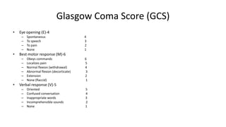 Glasgow Coma Score (GCS)
• Eye opening (E)-4
– Spontaneous 4
– To speech 3
– To pain 2
– None 1
• Best motor response (M)-6
– Obeys commands 6
– Localizes pain 5
– Normal flexion (withdrawal) 4
– Abnormal flexion (decorticate) 3
– Extension 2
– None (flaccid) 1
• Verbal response (V)-5
– Oriented 5
– Confused conversation 4
– Inappropriate words 3
– Incomprehensible sounds 2
– None 1
 