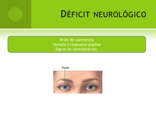 D ÉFICIT          NEUROLÓGICO


    Nivel de conciencia
Tamaño y respuesta pupilas
 Signos de lateralizacion.
 