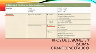 TIPOS DE LESIONES EN
TRAUMA
CRANEOENCEFALICO
 