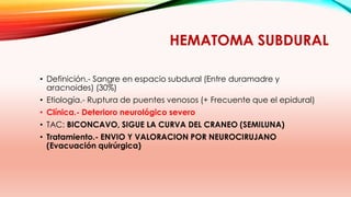 HEMATOMA SUBDURAL
• Definición.- Sangre en espacio subdural (Entre duramadre y
aracnoides) (30%)
• Etiología.- Ruptura de puentes venosos (+ Frecuente que el epidural)
• Clínica.- Deterioro neurológico severo
• TAC: BICONCAVO, SIGUE LA CURVA DEL CRANEO (SEMILUNA)
• Tratamiento.- ENVIO Y VALORACION POR NEUROCIRUJANO
(Evacuación quirúrgica)
 