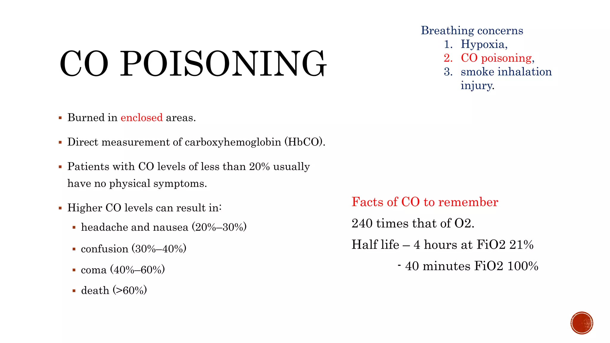 CO POISONING
 Burned in enclosed areas.
 Direct measurement of carboxyhemoglobin (HbCO).
 Patients with CO levels of less than 20% usually
have no physical symptoms.
 Higher CO levels can result in:
 headache and nausea (20%–30%)
 confusion (30%–40%)
 coma (40%–60%)
 death (>60%)
Breathing concerns
1. Hypoxia,
2. CO poisoning,
3. smoke inhalation
injury.
Facts of CO to remember
240 times that of O2.
Half life – 4 hours at FiO2 21%
- 40 minutes FiO2 100%
 