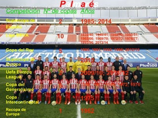 Palmarés
Competición Nº de copas Años
Supercopa de
España
2 1985; 2014
Liga BBVA 10 1939/40; 1940/41; 1949/50; 1950/51;
1965/66; 1969/70; 1972/73; 1976/77;
1995/96; 2013/14
Copa del Rey 5 1985; 1991; 1992; 1996; 2012/13
Supercopa de
Europa
1 2010
Uefa Europa
League
2 2009/10; 2011/12
Copa del
Generalísimo
5 1960; 1961; 1965; 1972; 1976
Copa
Intercontinental
1 1975
Recopa de
Europa
1 1962
 