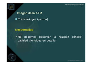 Articulación temporo mandibular




 Imagen de la ATM
 Transfaringea (parma)


Desventajas

• No podemos observar la relación cóndilo-
 cavidad glenoidea en detalle.




                                     Derechos Reservados © 2008 por A. Padilla
 