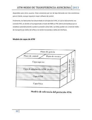 ATM-MODO DE TRANSFERENCIA ASINCRONA 2013
22
disponibles para otros usuarios. Estas conexiones por ser de baja demanda son más económicas
para el cliente, aunque requieren mayor software de control.
Finalmente, los fabricantes han desarrollado el concepto de S-PVC, el cual es básicamente una
conexión PVC, en donde se ha programado a través del NMS un PVC alterna de backbup que se
establece automáticamente cuando la conexión activa falle. Las fallas pueden ser a nivel de medio
de transporte por daños de la fibra o la red de microondas o daños de interfaces.
Modelo de capas de ATM
 