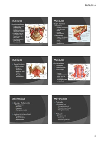 26/08/2014 
3 
Músculos 
 Pterigoídeo lateral 
 Origem: asa maior 
do esfenóide 
(superior)e face 
lateral do processo 
pterigóide (inferior) 
 Inserção: colo da 
mandíbula (inf.) e 
face anterior do 
disco (sup.) 
 Função: abertura, 
protrusão e 
lateralização 
Músculos 
 Supra-hioídeos 
 Digástrico: 
○ Origem: mandíbula 
○ Inserção: osso 
hióide 
○ Função: 
abaixamento 
 Milo-hioídeo 
○ Origem: Mandíbula 
○ Inserção: osso 
hióide 
○ Função: 
abaixamento 
Músculos 
 Supra-hioídeos 
 Gênio-hioídeo 
○ Origem: 
mandíbula 
○ Inserção: osso 
hióide 
○ Função: 
abaixamento 
Músculos 
 Infra-hioídeos 
 Tiro-hioídeo 
 Esterno-hioídeo 
 Omo-hioídeo 
○ Função: 
estabilizar o osso 
hióide para os 
mm supra-hioídeos 
abaixem 
a mandíbula 
Movimentos 
 Elevação (fechamento) 
 Principais mm 
○ Masseter 
○ Temporal 
○ Pterigóideo medial 
 Abaixamento (abertura) 
 Principais mm 
○ Supra-hioídeos 
○ Infra-hioídeos 
Movimentos 
 Protrusão 
 Principais mm 
○ Pterigóideo lateral 
○ Masseter (superficial) 
○ Pterigóideo medial 
 Retrusão 
 Principais mm 
○ Temporal 
○ Masseter (profundo) 
 