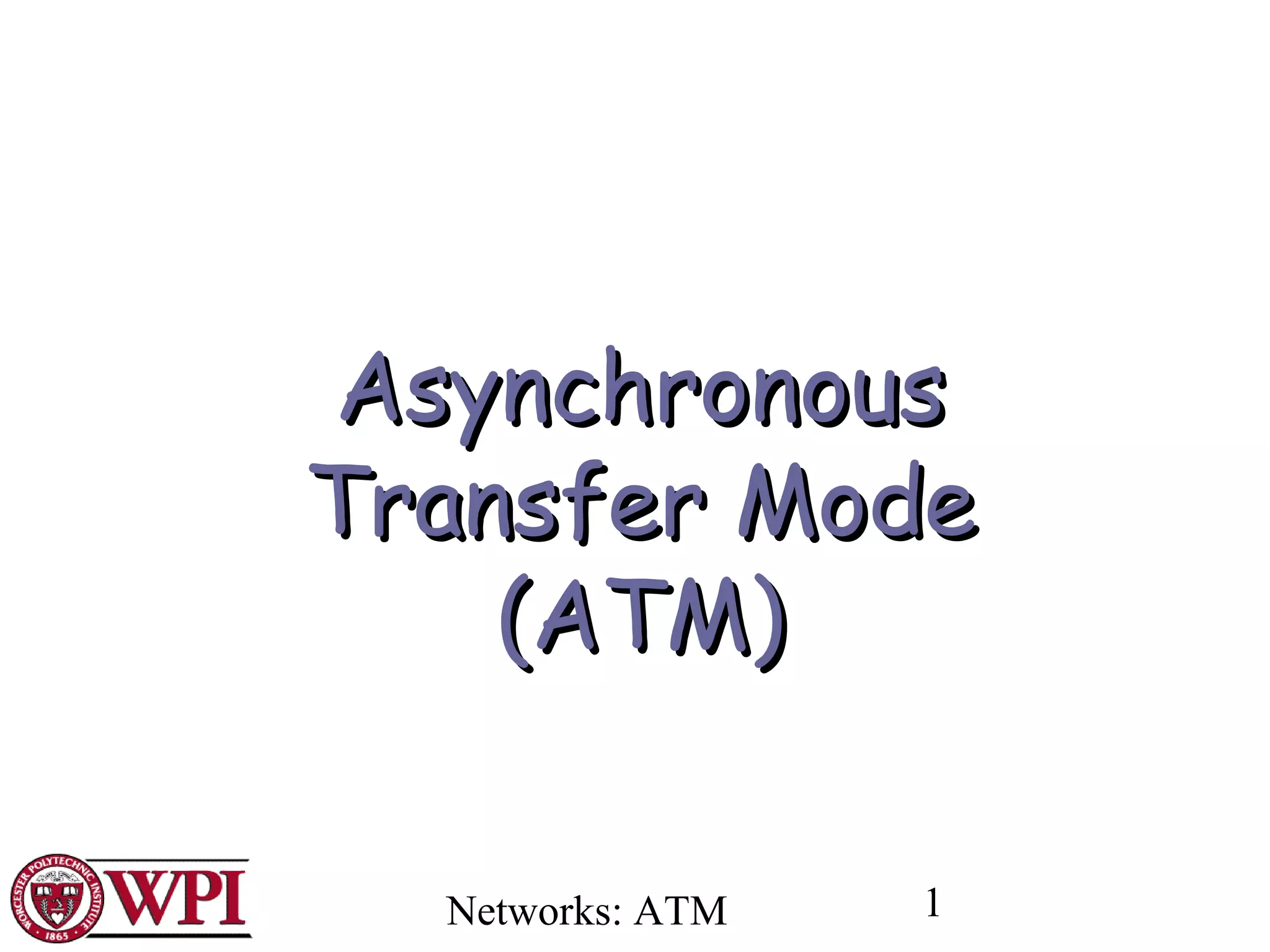Networks: ATM 1
AsynchronousAsynchronous
Transfer ModeTransfer Mode
(ATM)(ATM)
 