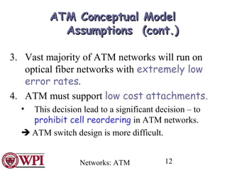 Networks: ATM 12
ATMATM Conceptual ModelConceptual Model
Assumptions (cont.)Assumptions (cont.)
3. Vast majority of ATM networks will run on
optical fiber networks with extremely low
error rates.
4. ATM must support low cost attachments.
• This decision lead to a significant decision – to
prohibit cell reordering in ATM networks.
 ATM switch design is more difficult.
 
