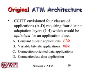 Networks: ATM 19
OriginalOriginal ATMATM ArchitectureArchitecture
• CCITT envisioned four classes of
applications (A-D) requiring four distinct
adaptation layers (1-4) which would be
optimized for an application class:
A. Constant bit-rate applications CBR
B. Variable bit-rate applications VBR
C. Connection-oriented data applications
D. Connectionless data application
 