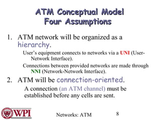 Networks: ATM 8
ATMATM Conceptual ModelConceptual Model
FourFour AssumptionsAssumptions
1. ATM network will be organized as a
hierarchy.
User’s equipment connects to networks via a UNI (User-
Network Interface).
Connections between provided networks are made through
NNI (Network-Network Interface).
2. ATM will be connection-oriented.
A connection (an ATM channel) must be
established before any cells are sent.
 
