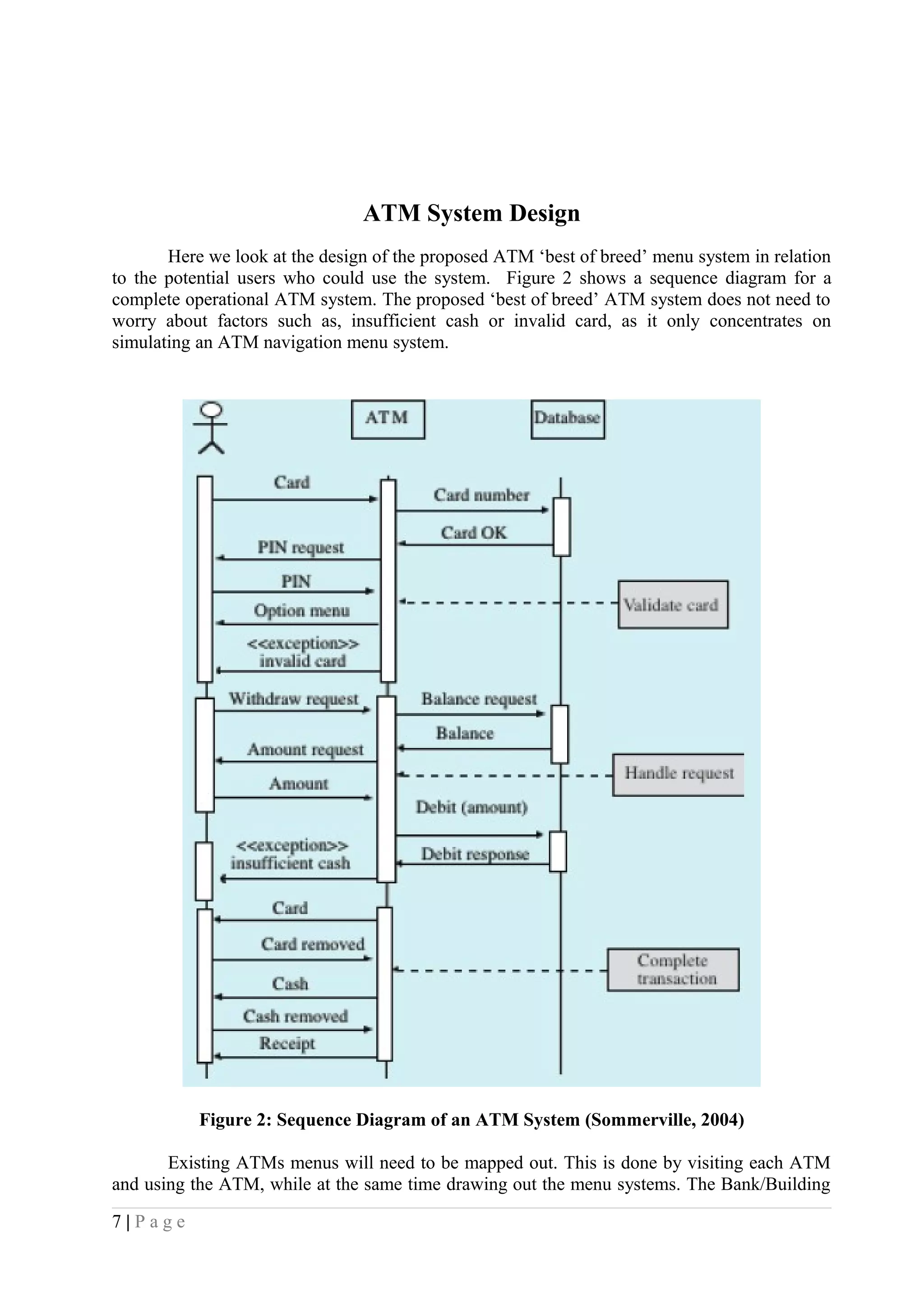 ATM System Design
Here we look at the design of the proposed ATM ‘best of breed’ menu system in relation
to the potential users who could use the system. Figure 2 shows a sequence diagram for a
complete operational ATM system. The proposed ‘best of breed’ ATM system does not need to
worry about factors such as, insufficient cash or invalid card, as it only concentrates on
simulating an ATM navigation menu system.
Figure 2: Sequence Diagram of an ATM System (Sommerville, 2004)
Existing ATMs menus will need to be mapped out. This is done by visiting each ATM
and using the ATM, while at the same time drawing out the menu systems. The Bank/Building
7 | P a g e
 