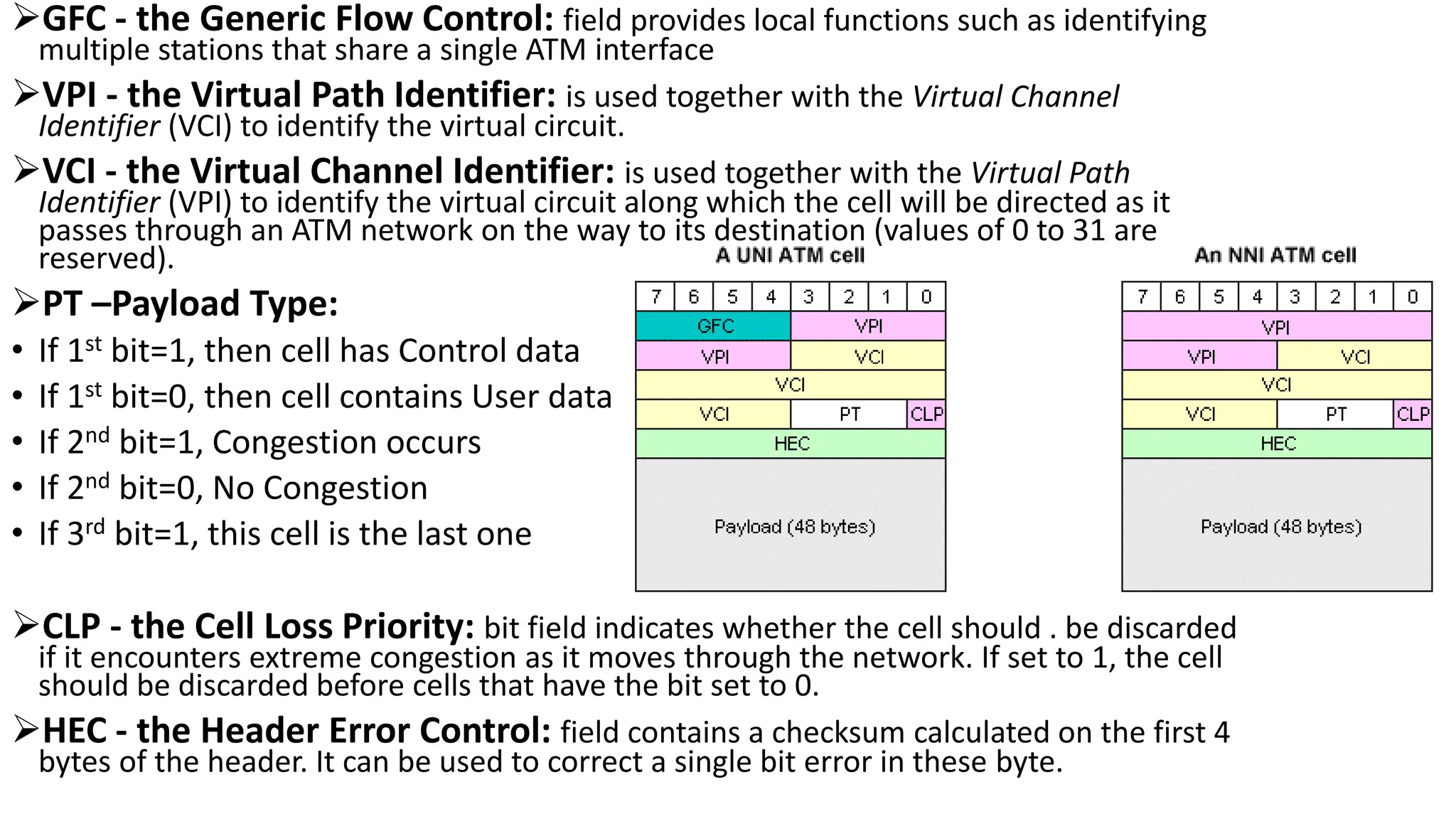 GFC - the Generic Flow Control: field provides local functions such as identifying
multiple stations that share a single ATM interface
VPI - the Virtual Path Identifier: is used together with the Virtual Channel
Identifier (VCI) to identify the virtual circuit.
VCI - the Virtual Channel Identifier: is used together with the Virtual Path
Identifier (VPI) to identify the virtual circuit along which the cell will be directed as it
passes through an ATM network on the way to its destination (values of 0 to 31 are
reserved).
PT –Payload Type:
• If 1st bit=1, then cell has Control data
• If 1st bit=0, then cell contains User data
• If 2nd bit=1, Congestion occurs
• If 2nd bit=0, No Congestion
• If 3rd bit=1, this cell is the last one
CLP - the Cell Loss Priority: bit field indicates whether the cell should . be discarded
if it encounters extreme congestion as it moves through the network. If set to 1, the cell
should be discarded before cells that have the bit set to 0.
HEC - the Header Error Control: field contains a checksum calculated on the first 4
bytes of the header. It can be used to correct a single bit error in these byte.
 