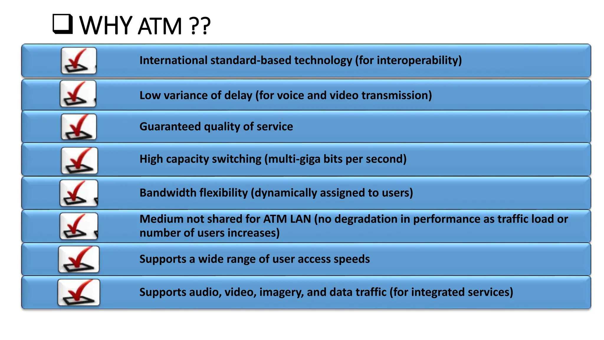 WHY ATM ??
International standard-based technology (for interoperability)
Low variance of delay (for voice and video transmission)
Guaranteed quality of service
High capacity switching (multi-giga bits per second)
Bandwidth flexibility (dynamically assigned to users)
Medium not shared for ATM LAN (no degradation in performance as traffic load or
number of users increases)
Supports a wide range of user access speeds
Supports audio, video, imagery, and data traffic (for integrated services)
 