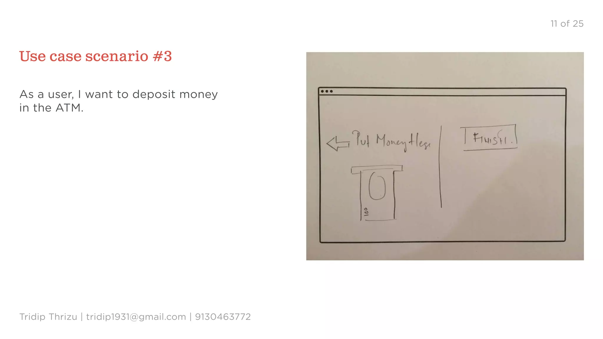 11 of 25
Use case scenario #3
As a user, I want to deposit money
in the ATM.
Tridip Thrizu | tridip1931@gmail.com | 9130463772
 