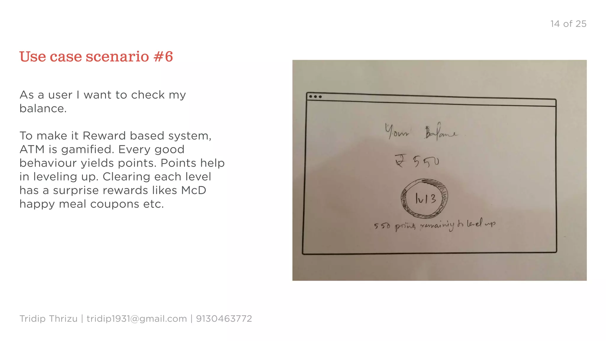 14 of 25
Use case scenario #6
As a user I want to check my
balance.
To make it Reward based system,
ATM is gamiﬁed. Every good
behaviour yields points. Points help
in leveling up. Clearing each level
has a surprise rewards likes McD
happy meal coupons etc.
Tridip Thrizu | tridip1931@gmail.com | 9130463772
 