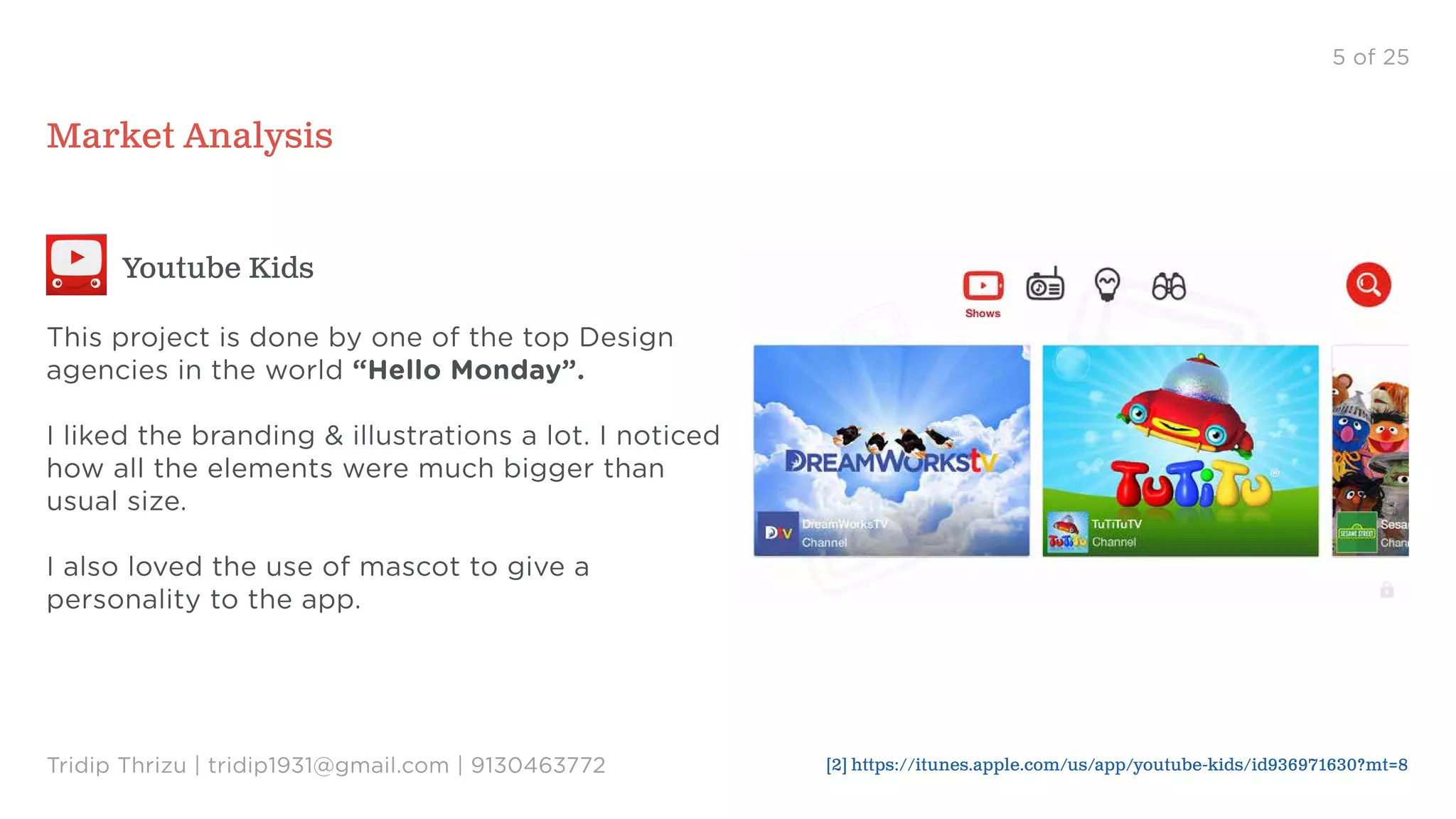 5 of 25
Market Analysis
Youtube Kids
This project is done by one of the top Design
agencies in the world “Hello Monday”.
I liked the branding & illustrations a lot. I noticed
how all the elements were much bigger than
usual size.
I also loved the use of mascot to give a
personality to the app.
Tridip Thrizu | tridip1931@gmail.com | 9130463772 [2] https://itunes.apple.com/us/app/youtube-kids/id936971630?mt=8
 