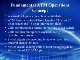 Fundamental ATM Operations
             Concept
• A virtual or logical connection is established
• ATM forms a packet of fixed length – 53 octets ( 5
  octet header and 48 octet information field )
• Cells are placed in a queue, on reaching ATM switch
• Cells are then multiplexed asynchronously with other
  cells for transmission
• Switch adapts the incoming bit rate to match the
  transmit channel bit rate
• Switch inserts dummy cells to meet the aggregate bit
  stream rate of 155.52 Mbps
 