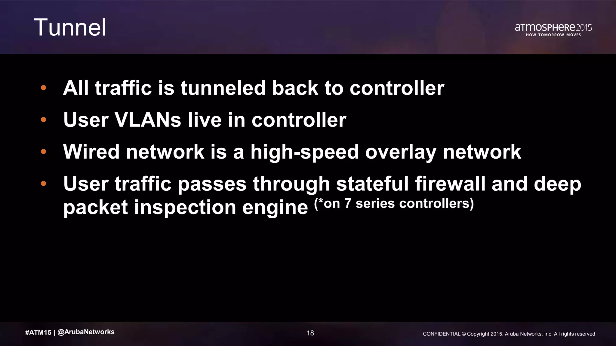 18 CONFIDENTIAL © Copyright 2015. Aruba Networks, Inc. All rights reserved#ATM15 |
• All traffic is tunneled back to controller
• User VLANs live in controller
• Wired network is a high-speed overlay network
• User traffic passes through stateful firewall and deep
packet inspection engine (*on 7 series controllers)
Tunnel
@ArubaNetworks
 