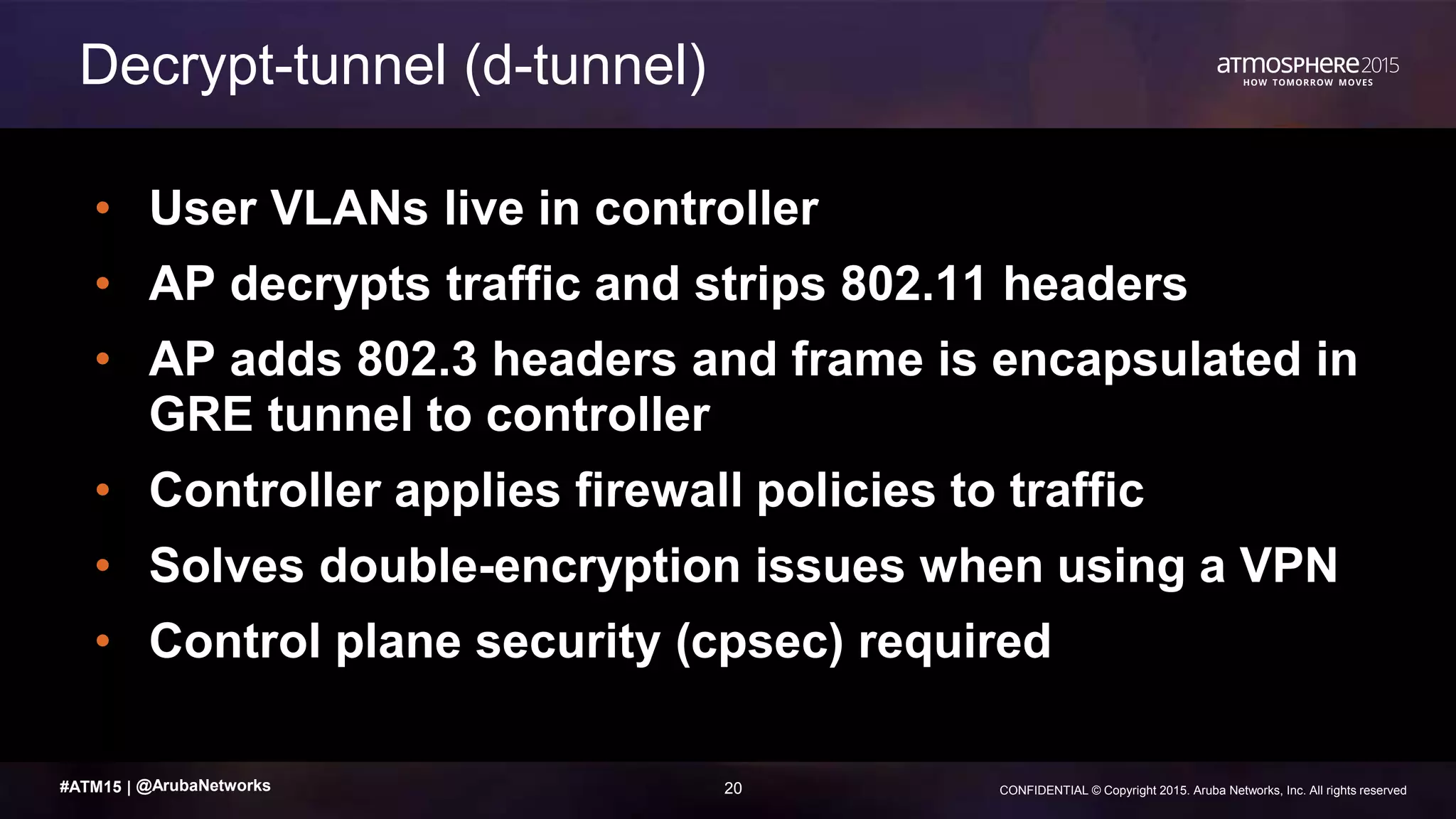 20 CONFIDENTIAL © Copyright 2015. Aruba Networks, Inc. All rights reserved#ATM15 |
• User VLANs live in controller
• AP decrypts traffic and strips 802.11 headers
• AP adds 802.3 headers and frame is encapsulated in
GRE tunnel to controller
• Controller applies firewall policies to traffic
• Solves double-encryption issues when using a VPN
• Control plane security (cpsec) required
Decrypt-tunnel (d-tunnel)
@ArubaNetworks
 