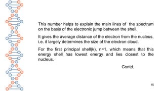 15
This number helps to explain the main lines of the spectrum
on the basis of the electronic jump between the shell.
It gives the average distance of the electron from the nucleus,
i.e. it largely determines the size of the electron cloud.
For the first principal shell(k), n=1, which means that this
energy shell has lowest energy and lies closest to the
nucleus.
Contd.
 