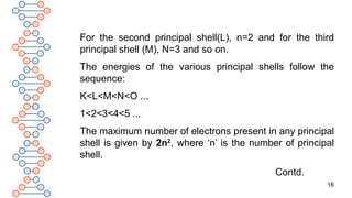 16
For the second principal shell(L), n=2 and for the third
principal shell (M), N=3 and so on.
The energies of the various principal shells follow the
sequence:
K<L<M<N<O ...
1<2<3<4<5 ...
The maximum number of electrons present in any principal
shell is given by 2n2
, where ‘n’ is the number of principal
shell.
Contd.
 