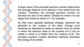 17
A large value of the principal quantum number determines
the average distance of an electron in the orbital from the
nucleus. Therefore, the principal quantum number (n)
denotes the size of the orbital. Orbitals for which n=2 are
larger than those for which n=1, for example.
As they have opposite electrical charges, electrons are
attracted to the nucleus of the atom. Energy must
therefore be absorbed to excite an electron from an orbital
in which the electron close to the nucleus (n=1) into an
orbital in which it is further from the nucleus (n=2). The
principal quantum number therefore indirectly describes
the energy of an orbital.
 