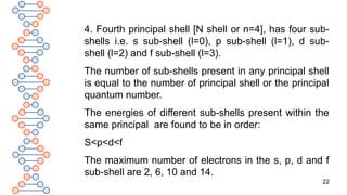 22
4. Fourth principal shell [N shell or n=4], has four sub-
shells i.e. s sub-shell (l=0), p sub-shell (l=1), d sub-
shell (l=2) and f sub-shell (l=3).
The number of sub-shells present in any principal shell
is equal to the number of principal shell or the principal
quantum number.
The energies of different sub-shells present within the
same principal are found to be in order:
S<p<d<f
The maximum number of electrons in the s, p, d and f
sub-shell are 2, 6, 10 and 14.
 