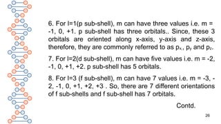 26
6. For l=1(p sub-shell), m can have three values i.e. m =
-1, 0, +1. p sub-shell has three orbitals.. Since, these 3
orbitals are oriented along x-axis, y-axis and z-axis,
therefore, they are commonly referred to as px,, py and pz.
7. For l=2(d sub-shell), m can have five values i.e. m = -2,
-1, 0, +1, +2. p sub-shell has 5 orbitals.
8. For l=3 (f sub-shell), m can have 7 values i.e. m = -3, -
2, -1, 0, +1, +2, +3 . So, there are 7 different orientations
of f sub-shells and f sub-shell has 7 orbitals.
Contd.
 