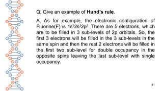 41
Q. Give an example of Hund’s rule.
A. As for example, the electronic configuration of
Fluorine(F) is 1s2
2s2
2p5
. There are 5 electrons, which
are to be filled in 3 sub-levels of 2p orbitals. So, the
first 3 electrons will be filled in the 3 sub-levels in the
same spin and then the rest 2 electrons will be filled in
the first two sub-level for double occupancy in the
opposite spins leaving the last sub-level with single
occupancy.
 