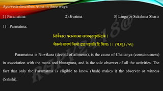 Ayurveda describes Atma in three ways:
1) Paramatma 2) Jivatma 3) Linga or Sukshma Sharir
1) Parmatma:
तनतवककारः परस्त्वात्मा सत्त्वभूतगुणेतियैः|
चैतन्ये कारणं तनत्यो द्रष्टा पश्यतत तह तियाः|| (च.सू.१/५६)
Paramatma is Nirvikara (devoid of ailments), is the cause of Chaitanya (consciousness)
in association with the mana and bhutaguna, and is the sole observer of all the activities. The
fact that only the Paramatma is eligible to know (Jnah) makes it the observer or witness
(Sakshi).
 