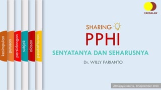 pendaftaran
PPHISENYATANYA DAN SEHARUSNYA
Dr. WILLY FARIANTO
Atmajaya Jakarta, 8 September 2016
alasan
subjek
persidangan
putusan
kesimpulan
SHARING
FARDALAW
 