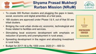 Shyama Prasad Mukherji
Rurban Mission (NRuM)
• To create 300 Rurban clusters and plugging the gaps in basic,
social, economic and digital amenities at a fast pace.
• 189 clusters are approved under Phase I & II, out of that 50 are
tribal clusters.
• Bridging the rural urban divide-viz; economic, technological and
those related to facilities and services.
• Stimulating local economic development with emphasis on
reduction of poverty and unemployment in rural areas.
• Spreading development in the region and attracting investment
in rural India.
• Budget for 2017-18 is Rs 1000 crore; 2020-21 – 600 Cr.
 