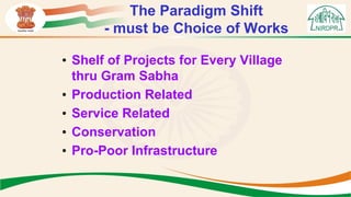 The Paradigm Shift
- must be Choice of Works
• Shelf of Projects for Every Village
thru Gram Sabha
• Production Related
• Service Related
• Conservation
• Pro-Poor Infrastructure
 