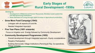 Early Stages of
Rural Development -1950s
• Grow More Food Campaign (1943)
– Linkages with all aspects of rural life
– Needed Integrated Approach
• Five Year Plans (1951 onwards)
Focus on Irrigation and Energy followed by Community Development
• Community Development Programmes (1952)
– Overall development through Integrated approach, Equity considerations
– People’s Participation
– Building Democratic Village Institutions (Panchayati Raj, Co-operatives,
Village schools)
Aiming to:
 Development of Material and Human Resources, Develop Local Leadership
and Self-governing Institutions.
 Raise Standard of Living through rapid increase in Agricultural production.
 