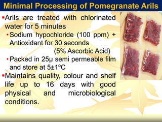 Minimal Processing of Pomegranate Arils
Arils are treated with chlorinated
water for 5 minutes
•Sodium hypochloride (100 ppm) +
Antioxidant for 30 seconds
(5% Ascorbic Acid)
•Packed in 25μ semi permeable film
and store at 5±1ºC
Maintains quality, colour and shelf
life up to 16 days with good
physical and microbiological
conditions.
 