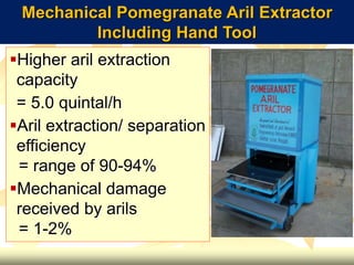 Higher aril extraction
capacity
= 5.0 quintal/h
Aril extraction/ separation
efficiency
= range of 90-94%
Mechanical damage
received by arils
= 1-2%
Mechanical Pomegranate Aril Extractor
Including Hand Tool
 