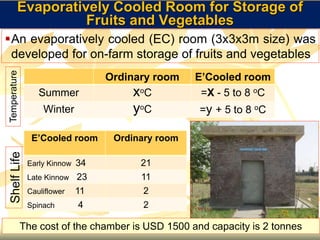 Evaporatively Cooled Room for Storage of
Fruits and Vegetables
The cost of the chamber is USD 1500 and capacity is 2 tonnes
An evaporatively cooled (EC) room (3x3x3m size) was
developed for on-farm storage of fruits and vegetables
Ordinary room E’Cooled room
Summer xoC =X - 5 to 8 oC
Winter yoC =y + 5 to 8 oC
E’Cooled room Ordinary room
Early Kinnow 34 21
Late Kinnow 23 11
Cauliflower 11 2
Spinach 4 2
TemperatureShelfLife
 